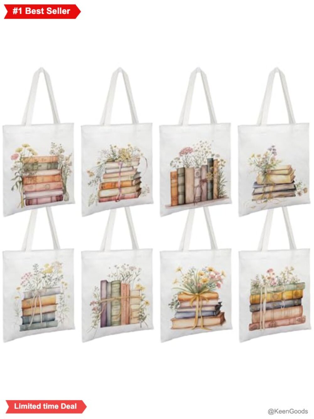 8Pc Canvas Tote Bags Book Lovers Reusable Grocery Bag Set
